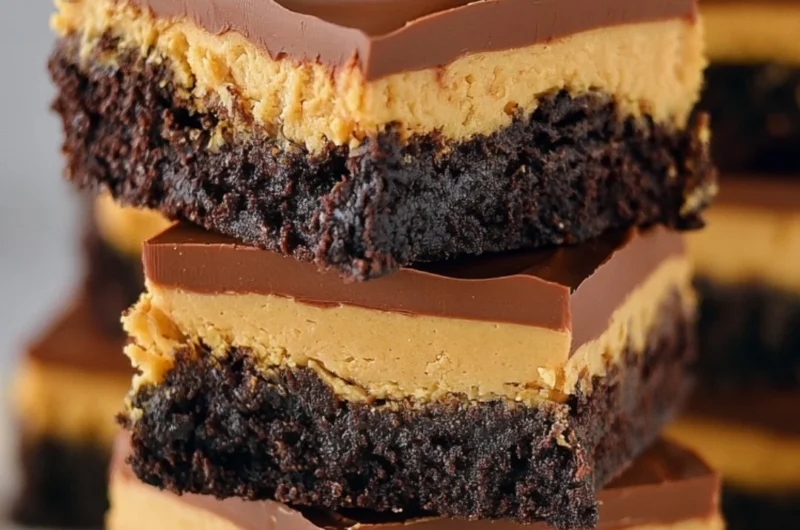 Delicious Buckeye Brownies with creamy peanut butter and chocolate topping