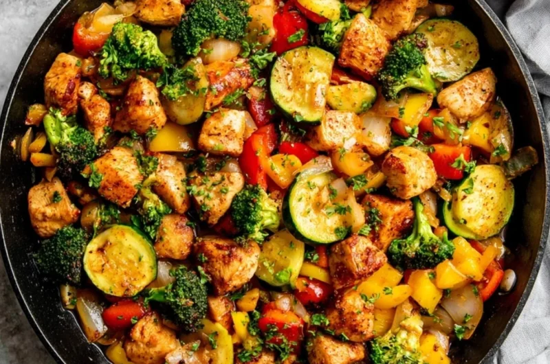 Chicken and vegetables skillet dish served in a cast iron pan