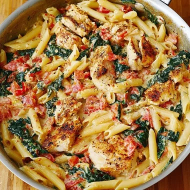 Chicken Bacon Spinach with tomatoes in a garlic cream sauce served on a plate.