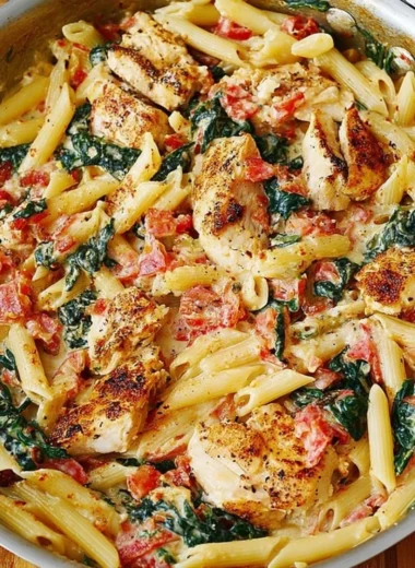 Chicken Bacon Spinach with tomatoes in a garlic cream sauce served on a plate.