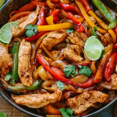 Sizzling chicken fajitas served with peppers and onions on a hot skillet