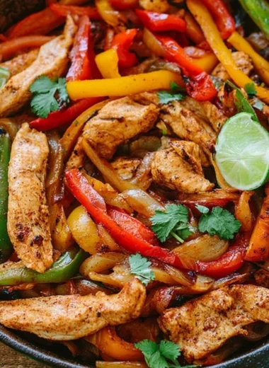 Sizzling chicken fajitas served with peppers and onions on a hot skillet