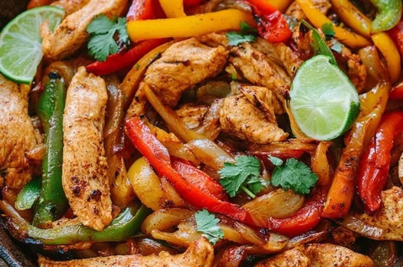 Sizzling chicken fajitas served with peppers and onions on a hot skillet