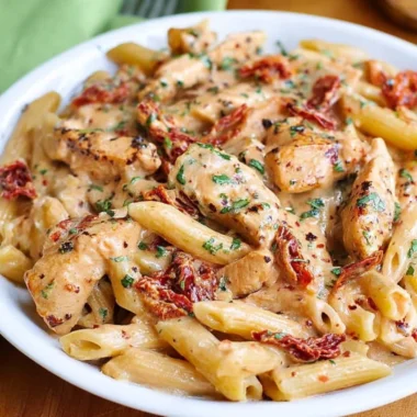 Delicious Chicken Sun-Dried Tomato Pasta topped with mozzarella sauce