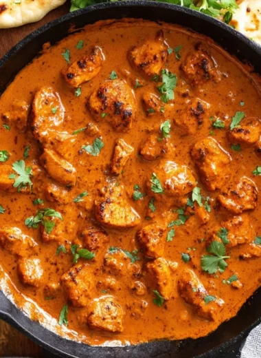 Delicious Chicken Tikka Masala served with naan and rice