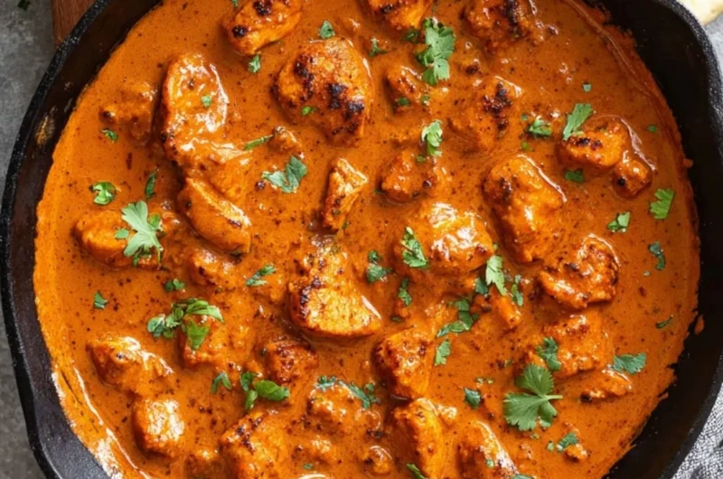 Delicious Chicken Tikka Masala served with naan and rice