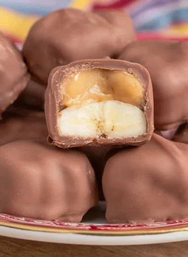 Homemade Chocolate Banana Peanut Butter Bites arranged on a plate