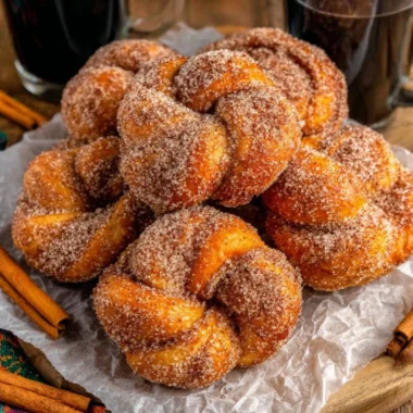 Freshly baked Cinnamon Sugar Twist Donuts dusted with sweet cinnamon sugar