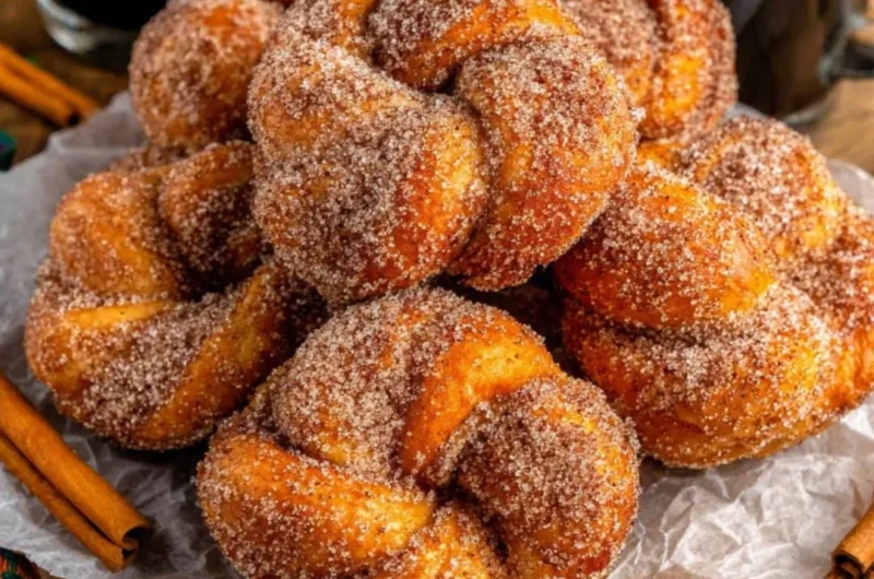 Freshly baked Cinnamon Sugar Twist Donuts dusted with sweet cinnamon sugar