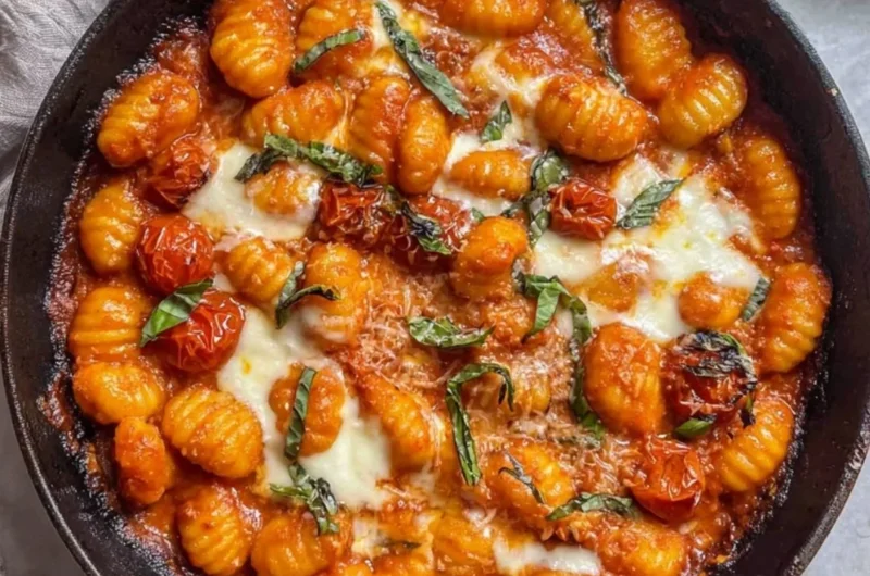 Creamy tomato gnocchi served in a bowl with fresh basil