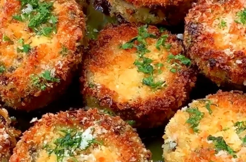 Delicious crispy breaded eggplant slices ready to be served as an appetizer.