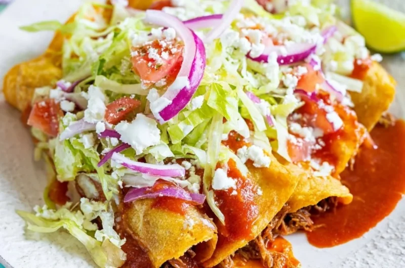 Plate of crispy golden tacos filled with fresh ingredients
