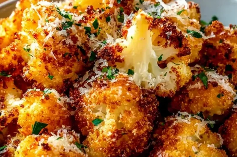 Delicious crispy roasted cauliflower topped with parmesan cheese