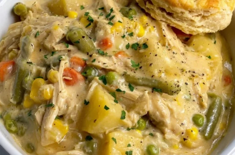 Delicious Crock Pot Chicken Pot Pie filled with chicken and vegetables