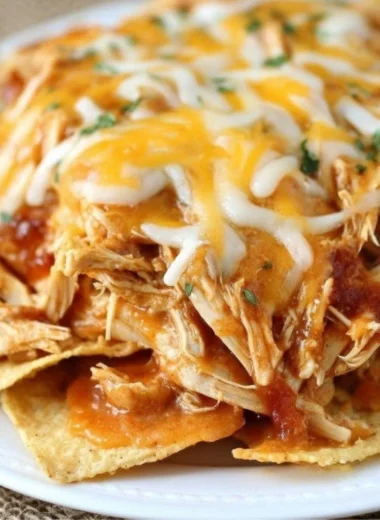 Delicious Crockpot Taco Chicken Nachos garnished with cheese and jalapeños