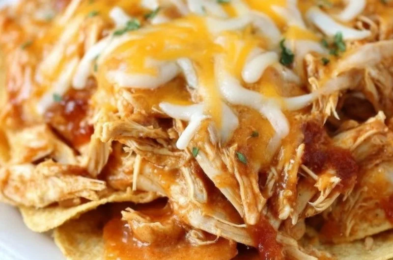 Delicious Crockpot Taco Chicken Nachos garnished with cheese and jalapeños