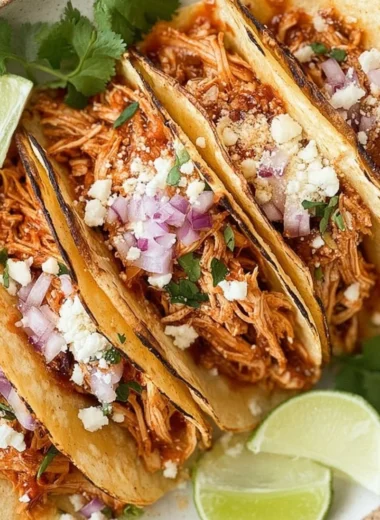 Crockpot chicken tacos with shredded chicken on a plate