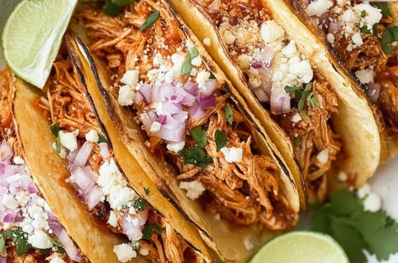 Crockpot chicken tacos with shredded chicken on a plate