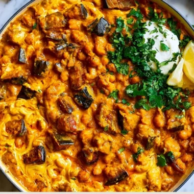 Bowl of easy eggplant curry on a wooden table with fresh herbs and spices.
