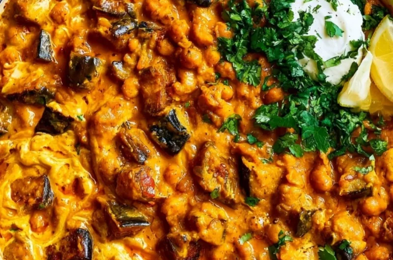 Bowl of easy eggplant curry on a wooden table with fresh herbs and spices.