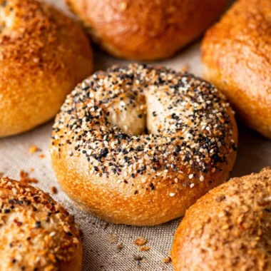 Freshly baked easy homemade bagels on a wooden table