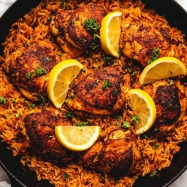 One Pan Spanish Chicken and Rice with vibrant ingredients in a skillet