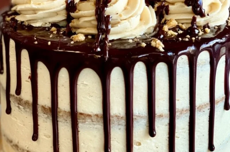 Delicious Elvis Cake with banana, peanut butter frosting, and chocolate ganache