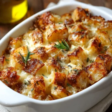 Delicious French Onion Potato Bake topped with cheese in a baking dish