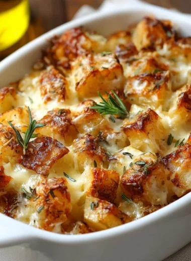 Delicious French Onion Potato Bake topped with cheese in a baking dish