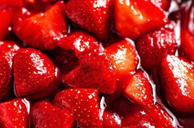 Homemade fresh strawberry sauce drizzled over pancakes.