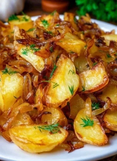 Plate of fried potatoes and onions, crispy and golden brown