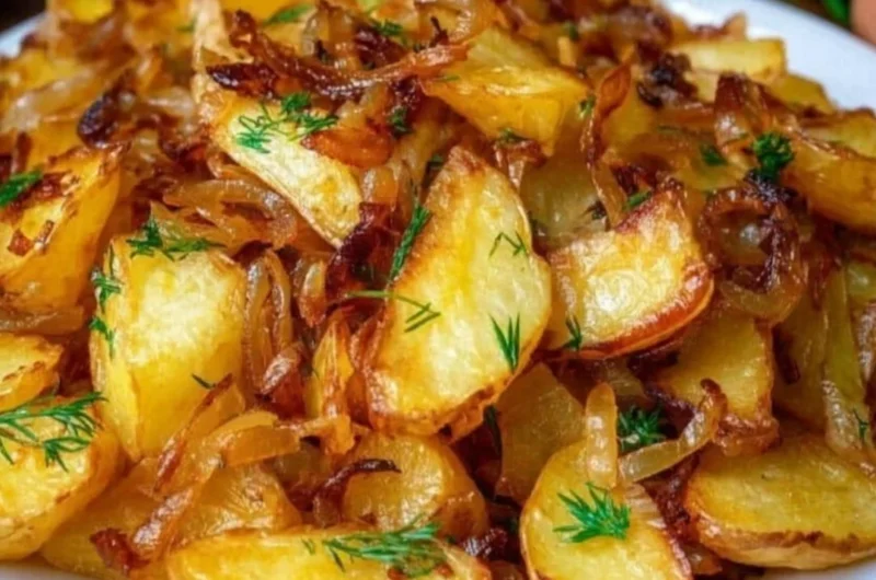 Plate of fried potatoes and onions, crispy and golden brown