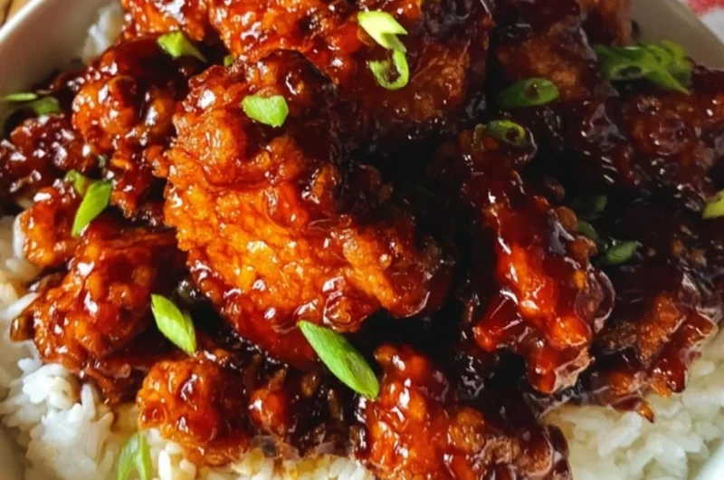 Delicious General Tso's Chicken served with rice and vegetables