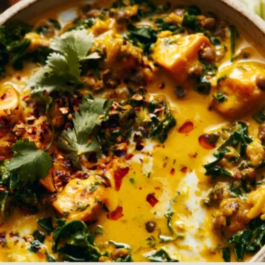 Bowl of gingered sweet potato and coconut milk stew with vibrant spices and herbs