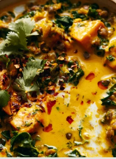 Bowl of gingered sweet potato and coconut milk stew with vibrant spices and herbs