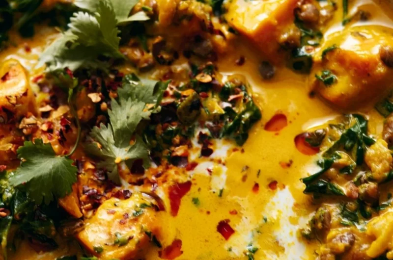Bowl of gingered sweet potato and coconut milk stew with vibrant spices and herbs