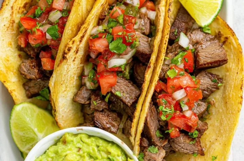 Delicious grilled beef tacos with fresh toppings on a wooden table