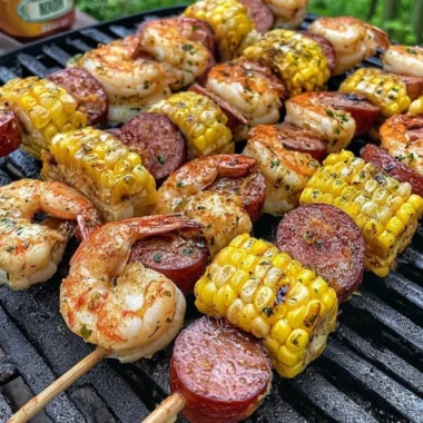 Grilled seafood skewers with shrimp and vegetables on a barbecue grill