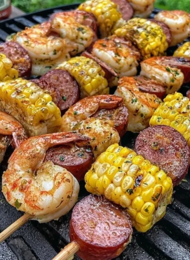 Grilled seafood skewers with shrimp and vegetables on a barbecue grill