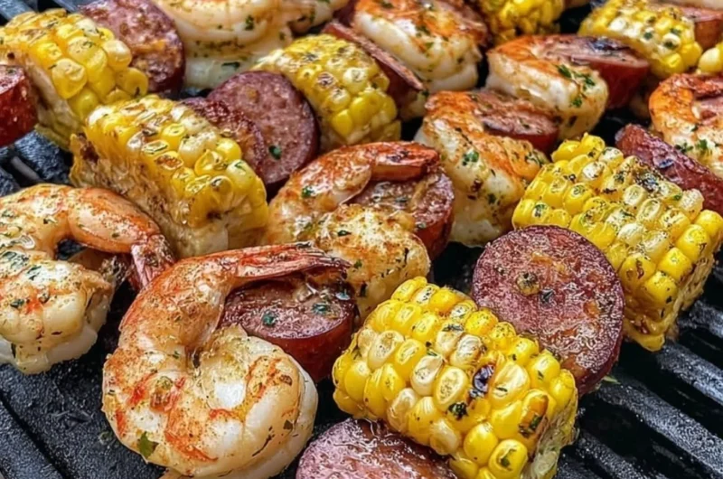Grilled seafood skewers with shrimp and vegetables on a barbecue grill