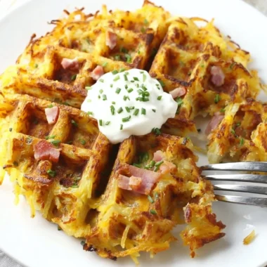 Crispy Hash Brown Waffles topped with melted cheese and ham