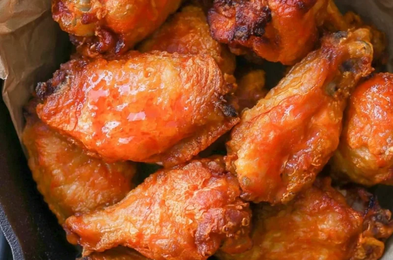 Homemade buffalo wings with spicy sauce and garnishes on a platter