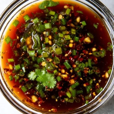 Delicious homemade spring roll sauce in a bowl with fresh herbs.