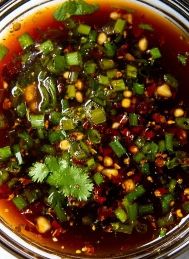 Delicious homemade spring roll sauce in a bowl with fresh herbs.