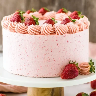 Homemade strawberry cake decorated with fresh strawberries and cream frosting.