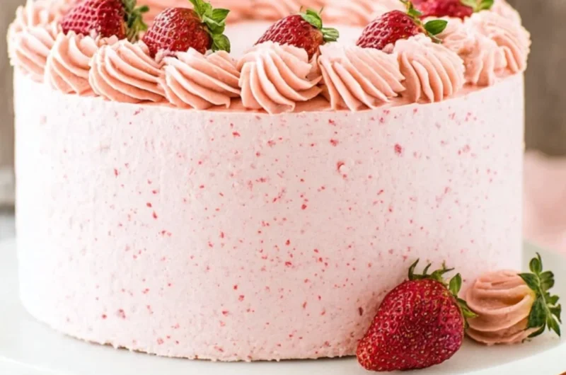 Homemade strawberry cake decorated with fresh strawberries and cream frosting.