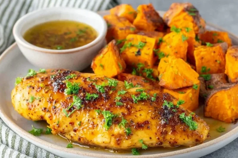 Honey garlic chicken tenders served with fresh vegetables on a plate.