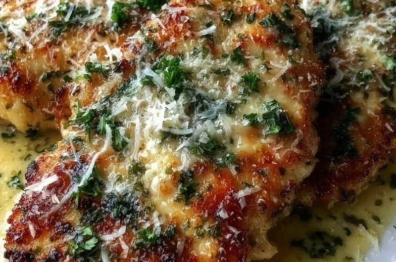 Lemon Chicken Romano garnished with herbs and lemon slices on a plate.