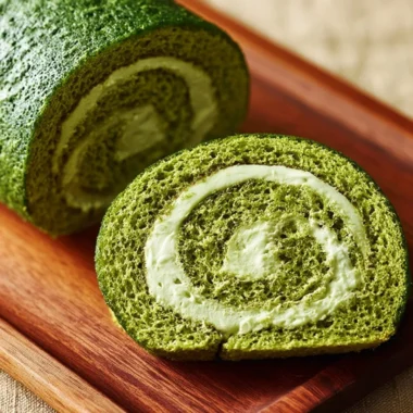Delicious matcha roll cake served on a plate, garnished with powdered sugar.