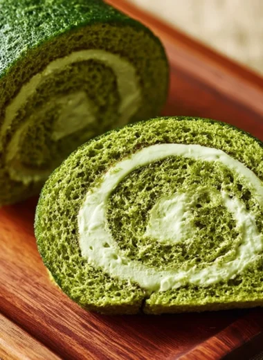 Delicious matcha roll cake served on a plate, garnished with powdered sugar.